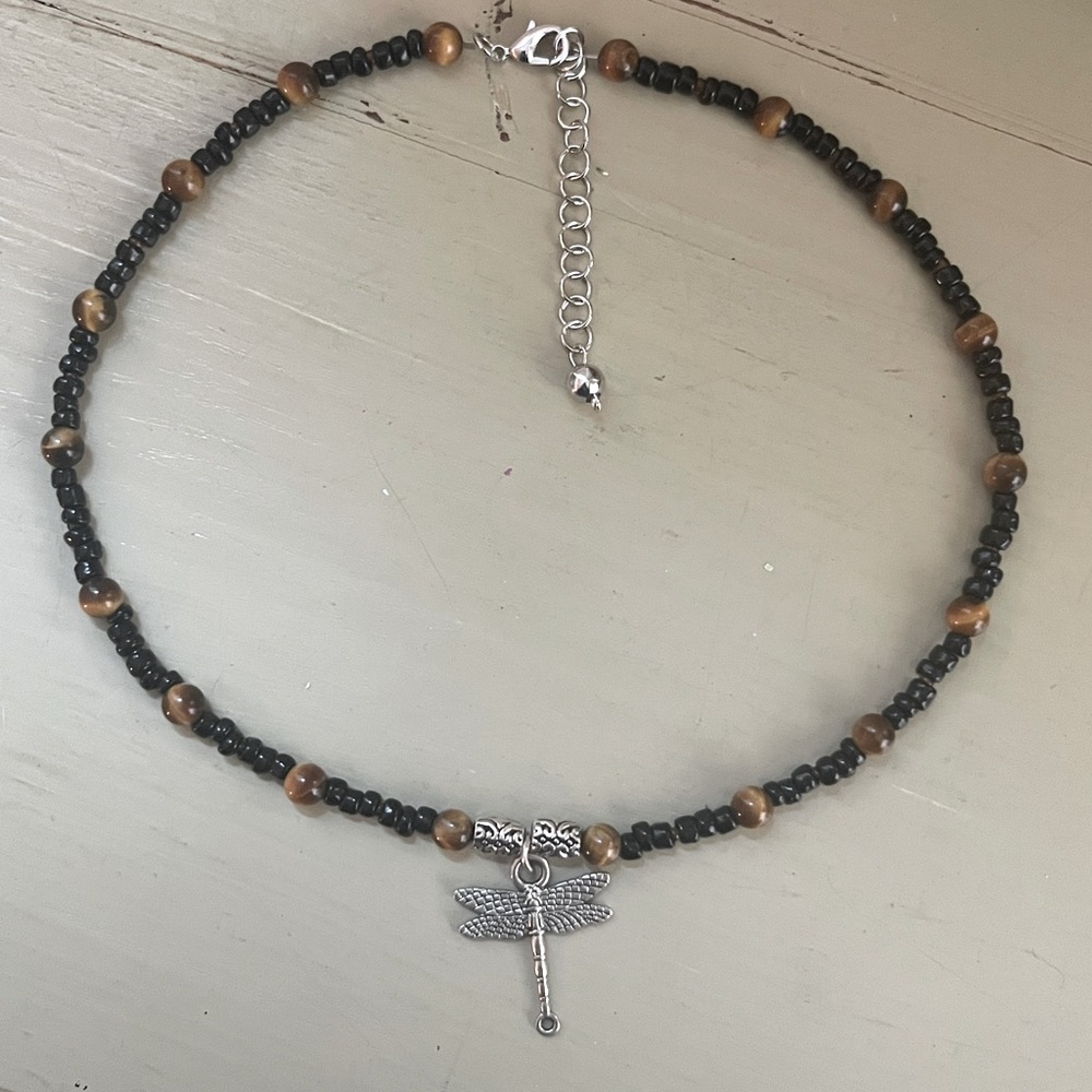 Handmade Beaded Tigers Eye Dragonfly Necklace